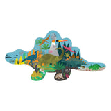 A vibrant stegosaurus illustration puzzle featuring various dinos and plants, from Floss and Rock’s 20 Piece Dinosaur Puzzle set.
