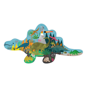 A vibrant stegosaurus illustration puzzle featuring various dinos and plants, from Floss and Rock’s 20 Piece Dinosaur Puzzle set.
