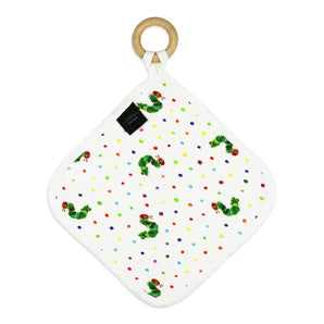 Lovedbabys Lovey features a white organic cotton blanket with colorful polka dots, caterpillar design, and a maple teething ring.