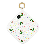 Lovedbabys Lovey features a white organic cotton blanket with colorful polka dots, caterpillar design, and a maple teething ring.