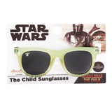 The Arkaid Sunglasses by Sunstaches, inspired by Star Wars: The Mandalorian, feature green frames and dark lenses with UV400 protection. The packaging highlights Star Wars branding with a baby-like character and a helmeted figure in the background.