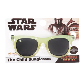 The Arkaid Sunglasses by Sunstaches, inspired by Star Wars: The Mandalorian, feature green frames and dark lenses with UV400 protection. The packaging highlights Star Wars branding with a baby-like character and a helmeted figure in the background.
