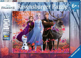 100 Piece Puzzle, Frozen Magic of the Forest: pink & blue box with cartoon characters; text "Disney Frozen II Ravensburger Puzzle 6+ XXL 100."