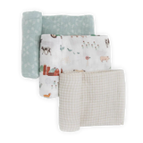 Three folded blankets by LouLou Lollipop: blue pattern, farm animals, and beige checkered from the Cotton Swaddle Set, Farmyard.