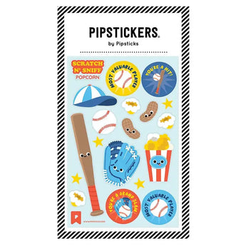 Pipsticks Play Ball Scratch n Sniff stickers feature baseball-themed designs with a bat, glove, and scented popcorn plus fun phrases.