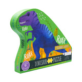 The 40 Piece Puzzle by Floss and Rock features a purple-blue T-Rex with Roar on a green box, ideal for kids.