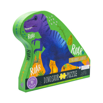 The 40 Piece Puzzle by Floss and Rock features a purple-blue T-Rex with Roar on a green box, ideal for kids.