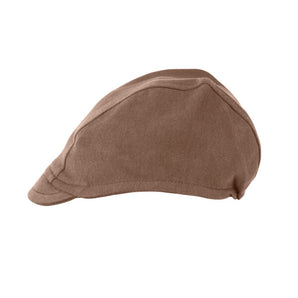Lovedbaby Organic Riding Cap in Latte, made with eco-friendly dyes, displayed on a white background.