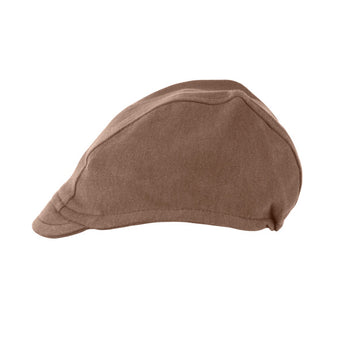 The Organic Riding Cap, Latte by Lovedbaby is shown from the side on a white background, crafted from organic cotton.
