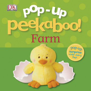 Cover of Random Houses Pop-Up Peekaboo! Farm Board Book with a duckling hatching, ideal for developing childhood interest in farm animals.