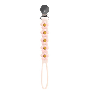LouLou Lollipops Daisy Cream pacifier clip is beadless, BPA-free silicone, with a floral chain design for easy attachment.