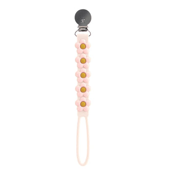 LouLou Lollipops Daisy Cream pacifier clip is beadless, BPA-free silicone, with a floral chain design for easy attachment.
