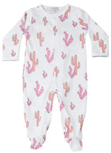Noomies Footie features a pink cactus print on soft white Pima cotton with a handy two-way zipper.