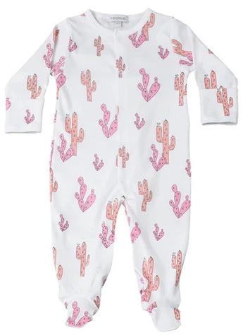 Noomies Footie features a pink cactus print on soft white Pima cotton with a handy two-way zipper.