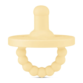 Ryan & Roses Round Pacifier and Teether in Buttercream offers medical-grade silicone relief with a smooth top and round handle.