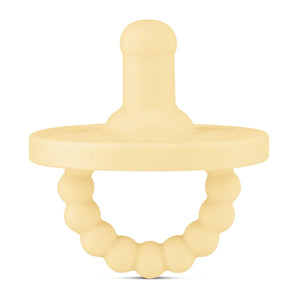 The Ryan & Rose Round Pacifier and Teether in Buttercream is medical-grade silicones, featuring a textured handle and smooth teat.