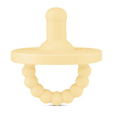 The Ryan & Rose Round Pacifier and Teether in Buttercream is medical-grade silicones, featuring a textured handle and smooth teat.