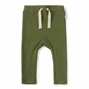 Snuggle Hunnys Organic Pants in Olive feature a ribbed texture with a beige drawstring, made from certified organic cotton.