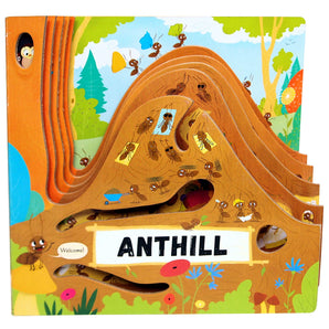 The Anthill Board Book by Treasure Chest Books features layered pages with busy ants and a vibrant forest for children.