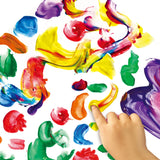 A childs hand crafts vibrant abstract art with paint strokes on a Bright Stripes Jumbo Finger Paint Pad.