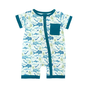 Emerson and Friends Shark Friends romper features whimsical sharks and seaweed, with teal trim, snap closure, and a cozy front pocket.