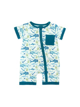 Emerson and Friends Shark Friends romper features whimsical sharks and seaweed, with teal trim, snap closure, and a cozy front pocket.