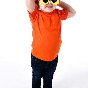 Child wearing Lil Characters Sunglasses by Sunstaches, posing with a bear mask like Winnie the Pooh, against a white background.