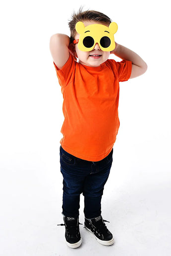 Child wearing Lil Characters Sunglasses by Sunstaches, posing with a bear mask like Winnie the Pooh, against a white background.