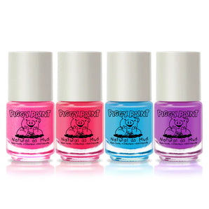 The Piggy Paint 4 Polish Box Set includes mini polishes in pink, red, blue, and purple called Natural as Mud.