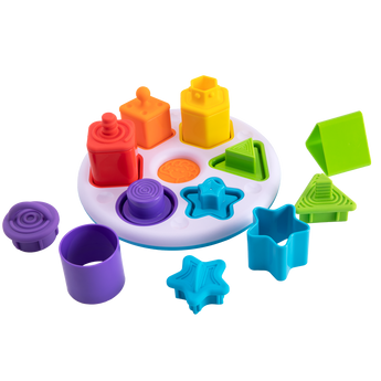 The Plugzy Shape Learning Toy by Fat Brain Toy Co boosts sensory learning with shapes and slots on a white circular base.