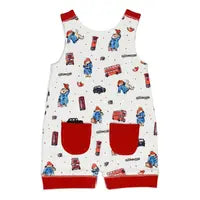 Lovedbabys Organic Sleeveless Romper features a Paddington Bear design with red trim, pockets, buses, and cars.