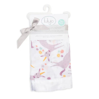 A Lulujo Inc. pack of two breathable muslin swaddles with pink unicorns and flowers, adorned with a gray ribbon.