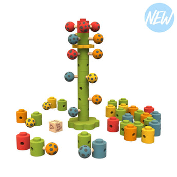 Begin Agains Ladybug Flower Tower Game is a vibrant wooden stacking toy with a central tower. It includes colorful red, green, yellow, blue, and orange pieces like polka-dotted balls and text cubes to enhance fine motor skills. The toy has a NEW label in the top right corner.