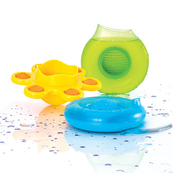 Fat Brain Toy Co Dimpl Splash has a yellow star, green spout round, and blue ring for sensory learning with water droplets.