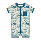 Emerson and Friends Shark Friends romper features whales, seaweed, short sleeves, teal trim, and a front pocket in soft bamboo.