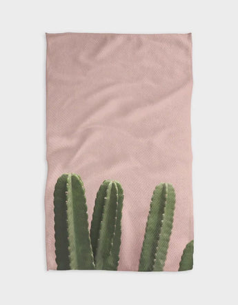 Geometrys Pink Cactus tea towels feature green cacti on pink premium microfiber, perfect for kitchen use.