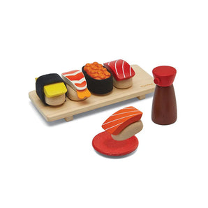 Sushi Set: wood sushi set toy with table, 5 pieces of sushi, soy sauce bottle, and small red plate.