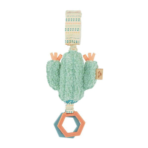 The Itzy Ritzy Cactus Attachable Travel Toy features hexagonal teething rings, a playful rattle, and is perfect for car seats.