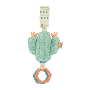 The Itzy Ritzy Cactus Attachable Travel Toy features hexagonal teething rings, a playful rattle, and is perfect for car seats.