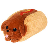 The Squishable Plush, Dachshund Hot Dog features a dachshund face, ears, and paws with a brown bun and sausage body. It has yellow and red strips resembling mustard and ketchup—ideal for cuddly snuggles!.