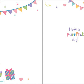 A vibrant Gina B Designs Birthday Card, Kitty featuring gifts, cupcakes, and bunting. Text: Have a Purrfect day!.