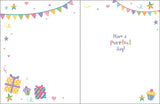 A vibrant Gina B Designs Birthday Card, Kitty featuring gifts, cupcakes, and bunting. Text: Have a Purrfect day!.