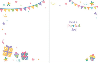 A vibrant Gina B Designs Birthday Card, Kitty featuring gifts, cupcakes, and bunting. Text: Have a Purrfect day!.