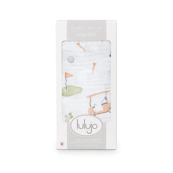 Lulujo Inc.s Cotton Swaddle, Golf, offers premium muslin blankets with pastel golf-themed designs. Perfect for babies!.
