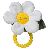 Mary Meyers BPA-free Daisy Rattle: a plush smiling daisy with white petals and a yellow teether ring for gripping.