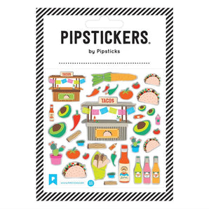 Pipsticks Taco Tuesday Stickers with taco stands, avocados, hot sauces, chili peppers, and silver glitter foil for sticker lovers!.
