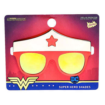 Sunstaches Lil Characters Wonder Woman sunglasses in red and yellow, packaged on a card with iconic superhero logos.