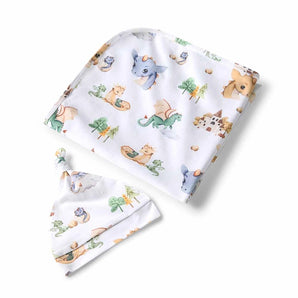 Adorable Snuggle Hunny Organic Jersey Wrap & Beanie Set, Dragon, with bunnies on soft organic cotton.