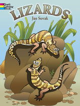 Coloring Book, Lizards by Treasure Chest Books features two exotic lizards on rocks among lush green plants on the illustrated cover.