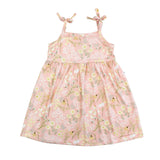 Sundress, Spring Meadow: pink dress with yellow & white floral pattern and tie closure shoulder straps; made of bamboo viscose.